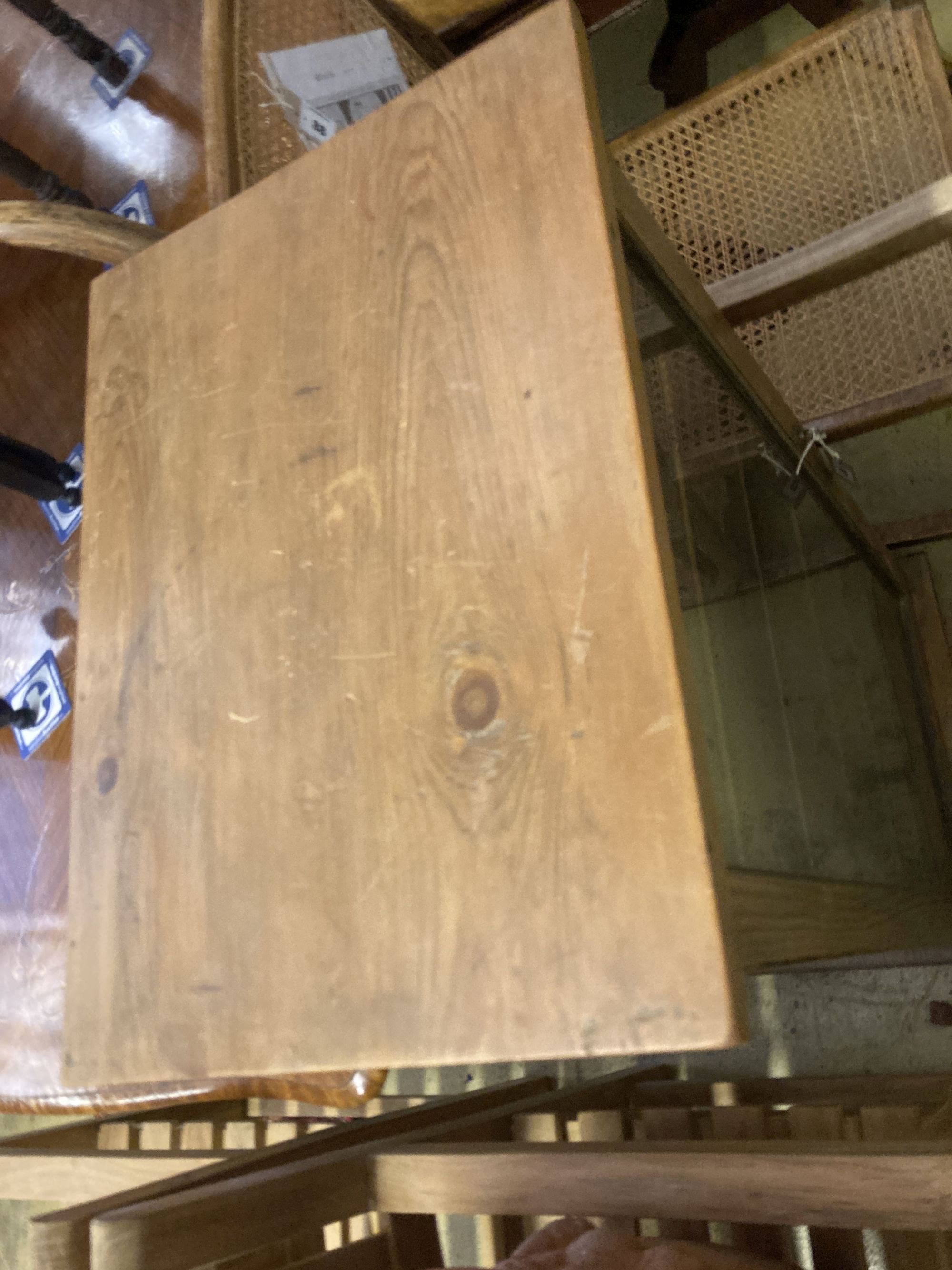 An oak and pine glazed music cabinet, glass fronted door with key, six shelves, width 52cm, depth 38cm, height 111cm